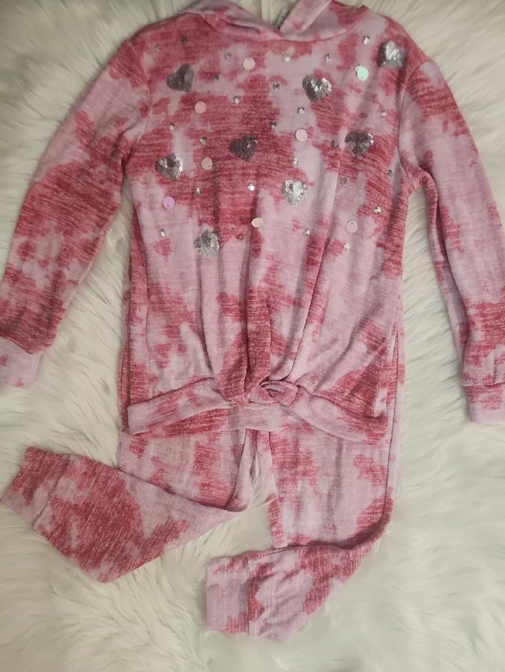 Pink Tie-Dye Heart Sequin Hooded Loungewear Set - Girls Size: 4-5